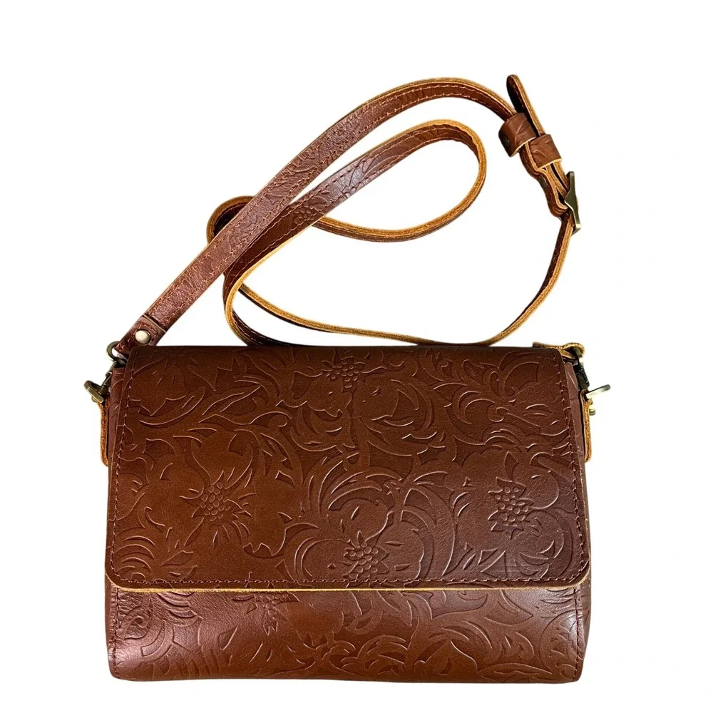 Portland Leather Goods Floral Embossed Leather Crossbody Bag Cognac Brown Small